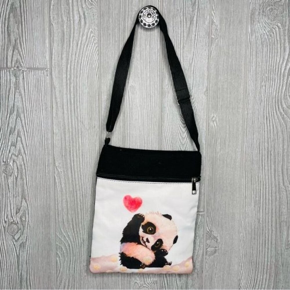 Cute panda bear cross body bag purse cloth with long strap and heart